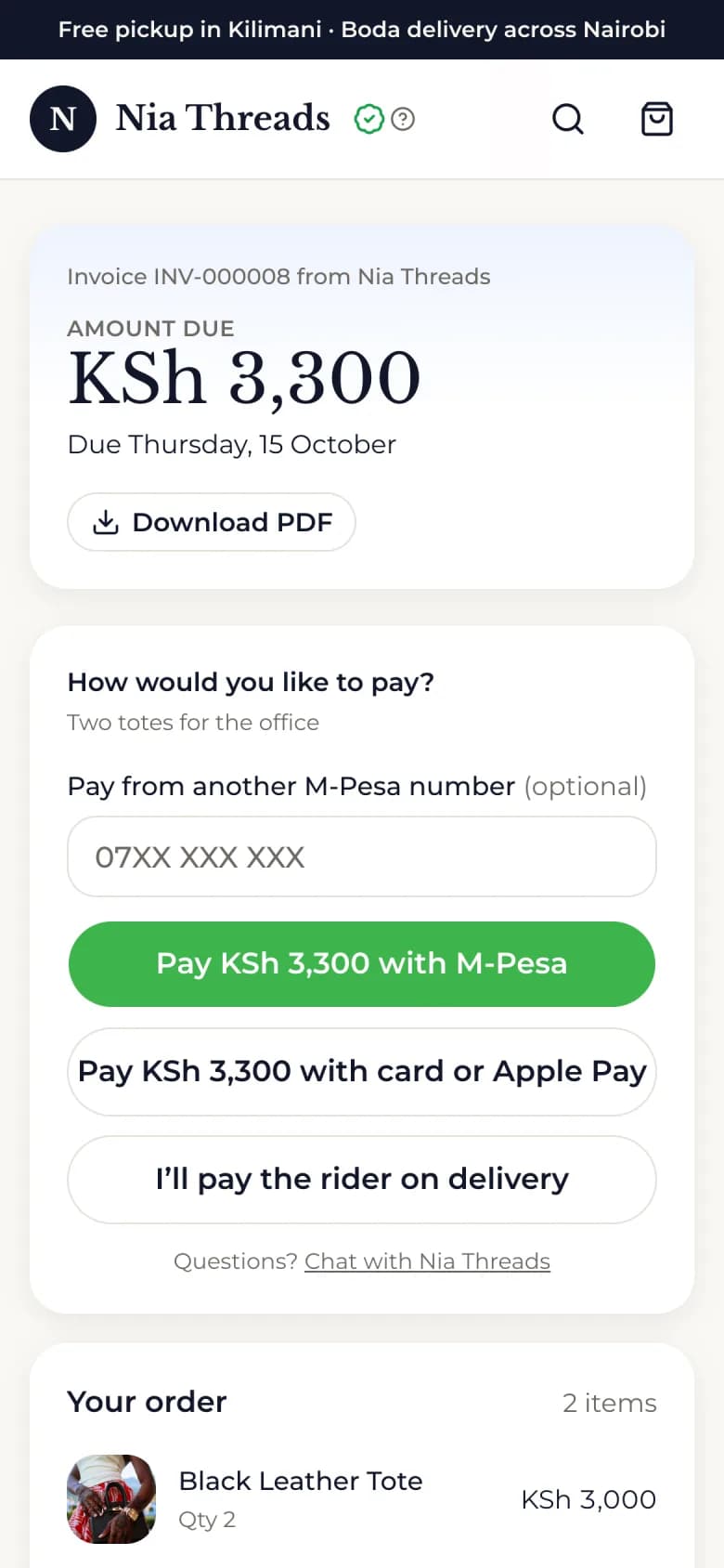 A bill on the buyer’s phone: KSh 3,300 due, Pay with M-Pesa, pay with card or Apple Pay, or pay the rider on delivery